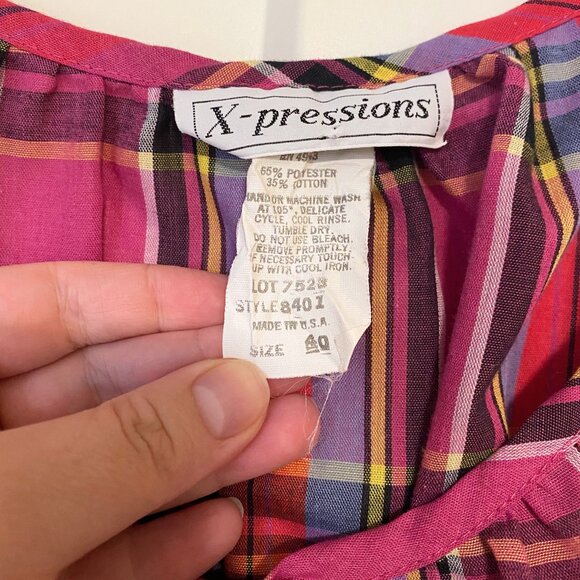 VINTAGE X-pressions Plaid Gathered Peasant Blouse Cottagecore Top Buttons XL - Picture 4 of 5